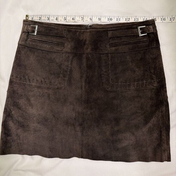 June Genuine Leather Suede Brown Lined Buckle Pockets Mini  Skirt  Size 4 - Picture 7 of 7